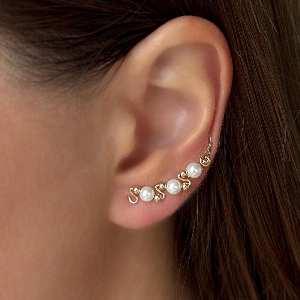 14K Gold Pearl Ear Climbers – Modern Earrings for Wedding or Everyday Elegance